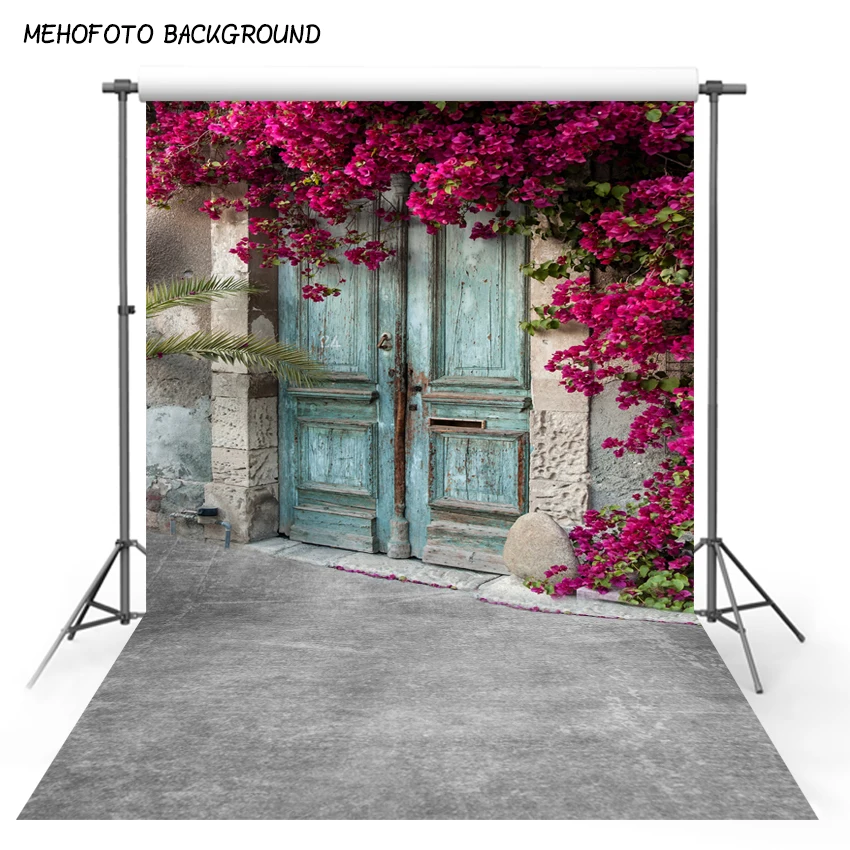 Фон для фотосъемки весенние цветы винтажная деревянная дверь кирпичная стена