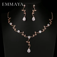 emmaya rose gold color zircon crystal bridal jewelry sets leaf shape choker necklace earrings wedding ornament for women