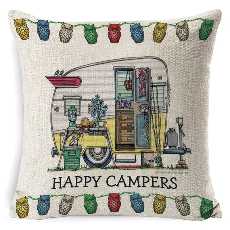 Льняная наволочка «Happy Camper», наволочка с надписью, наволочка с изображением автомобиля для дивана, спальни, украшения дома, 45 см* 45 см, cojines