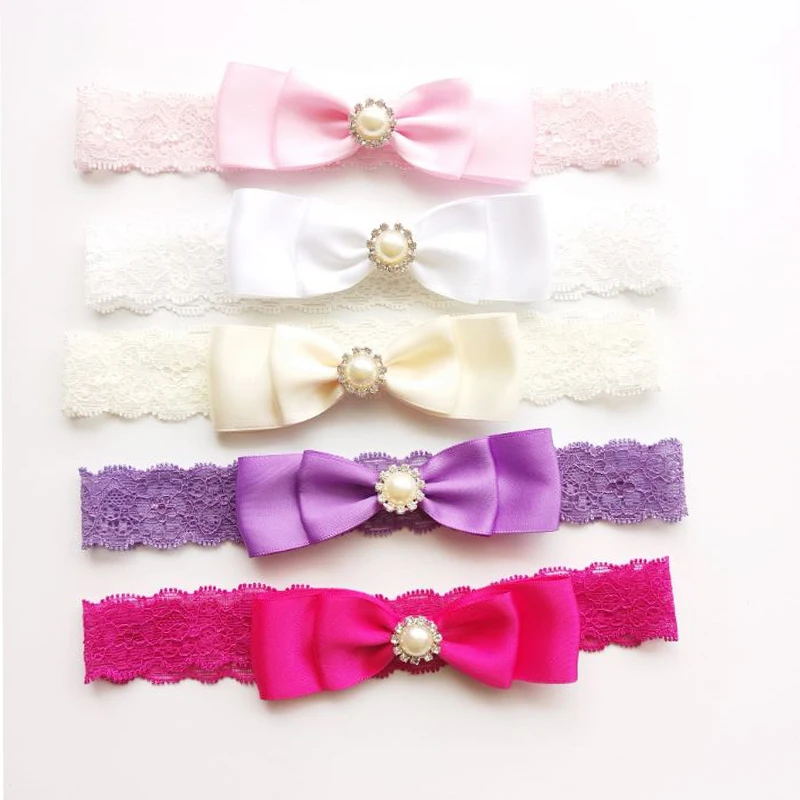 

1pc Satin Bow Lace Headband for Kids Two Layers Hair Bow Elastic Head Band with Simulated Pearls Pink and Off White Hairbands