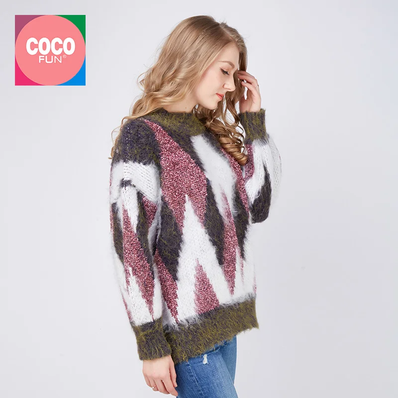 Cashmere Geometric Pullover Round Neck Full Sleeve Jumper Loose Warm Thick Sweater Women Winter Knit Female Coco Fun | Женская одежда