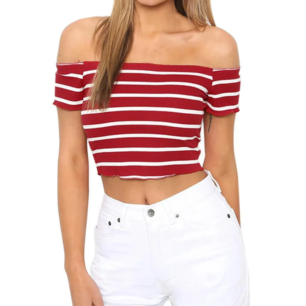 Женские футболки FEITONG с открытыми плечами топы в полоску коротким рукавом