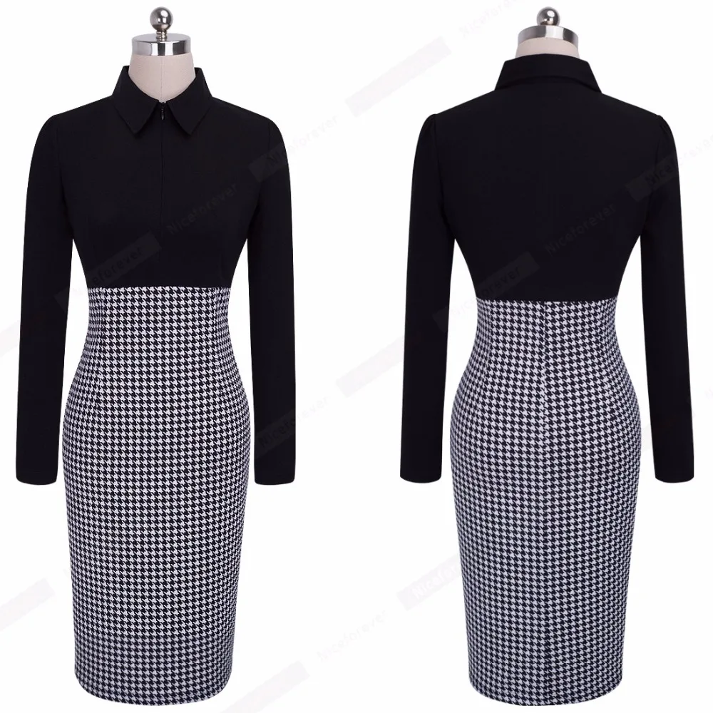 Winter черный работа лоскутная midi bodycon повязку женская офис С Длинным Рукавом