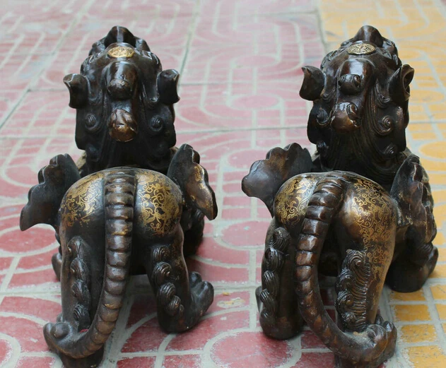 huij 006924 14 Chinese Bronze Feng Shui Wealth Unicorn Beast Pi Xiu Sculpture Statue Pair |