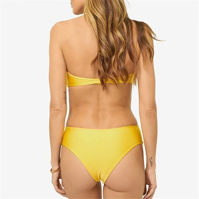 Neon Green Swimsuit 2019 Bandeau Tie Front Knot Ruffle Brazilian Bikini Strapless Swimwear Women Bathing Suit Maillot De Bain | Женская