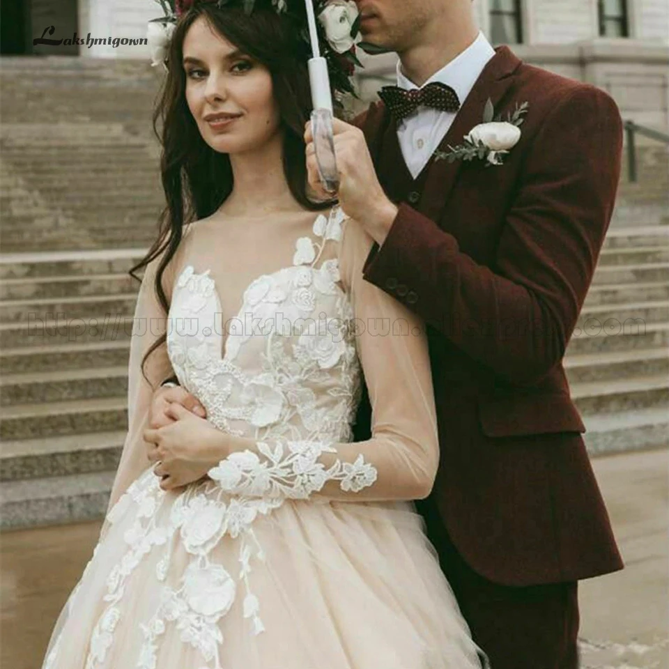 Свадебное платье принцессы с длинным рукавом lakshmidress легкое цвета шампанского