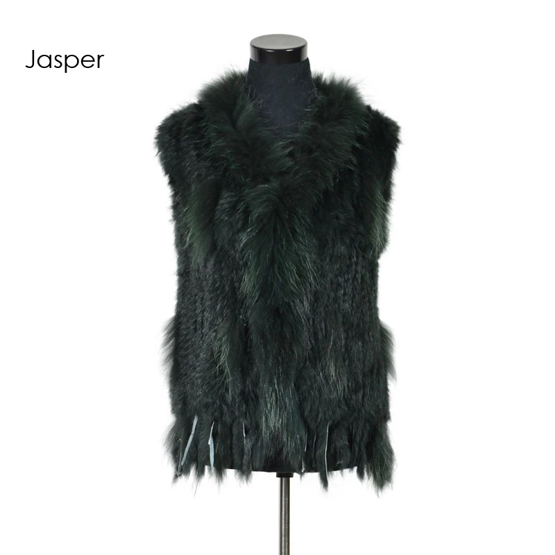 jasper VR001-17,, женский жилет из натурального кроличьего меха с воротником из меха енота, жилет/куртки из кроличьего меха - Цвет: jasper