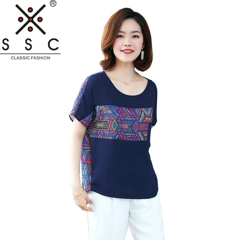 SSC шифона с принтом шить Для женщин рубашка свободные падение рукава Camiseta