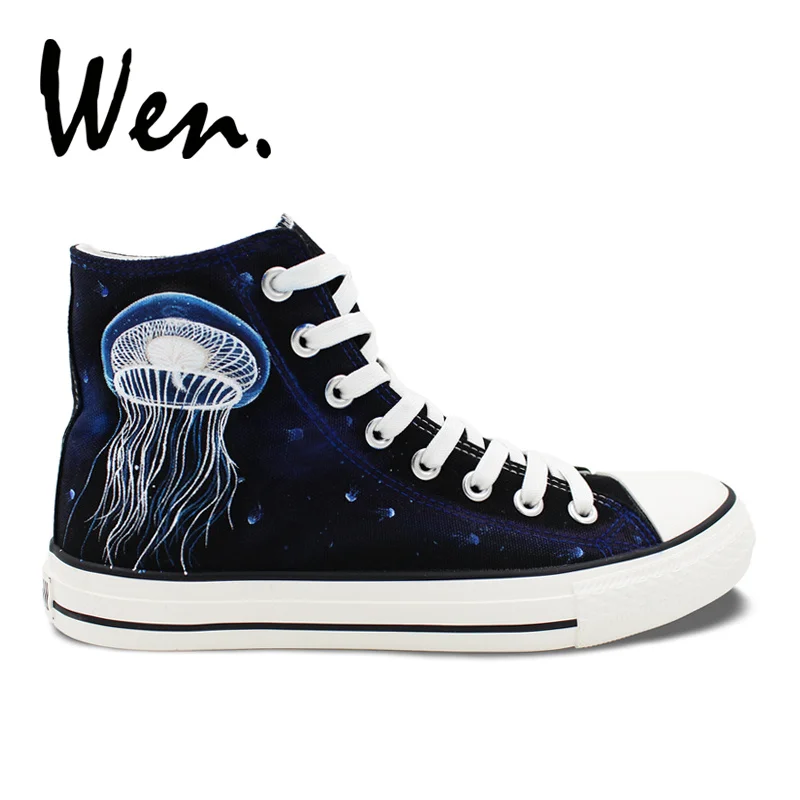 

Wen Original Design Jellyfish Hand Painted Shoes Men Women Sneakers Sewing Canvas Black High Top Plimsolls Lace up Trainers