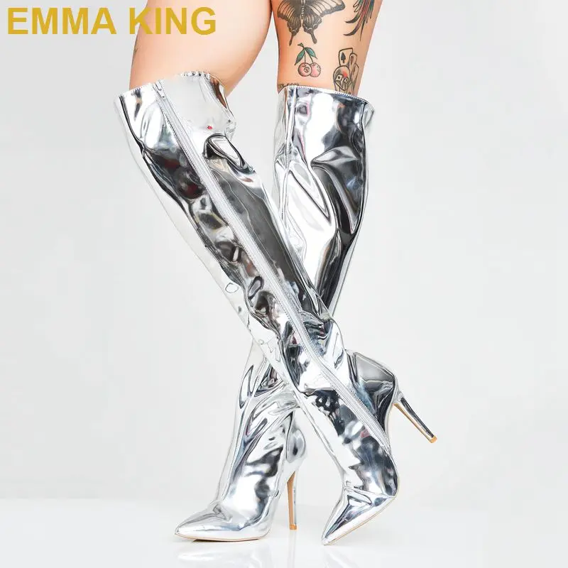 

Glitter Silver Pointed Toe Women Thigh High Boots Patent Leather High Heels Shoes Sexy Ladies Over the Knee High Boots Plus Size