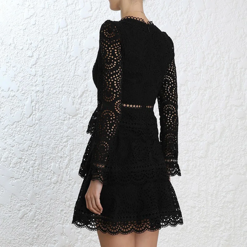 Embroidery Women's Dress Female Series V Neck Long Sleeve High Waist Hollow Out Patchwork Dresses New Clothing Vestido Elegant | Женская
