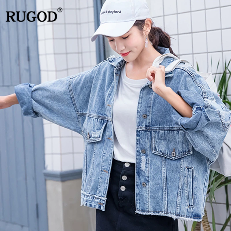 Женская ВИНТАЖНАЯ ДЖИНСОВАЯ КУРТКА RUGOD Повседневная Свободная джинсовая куртка