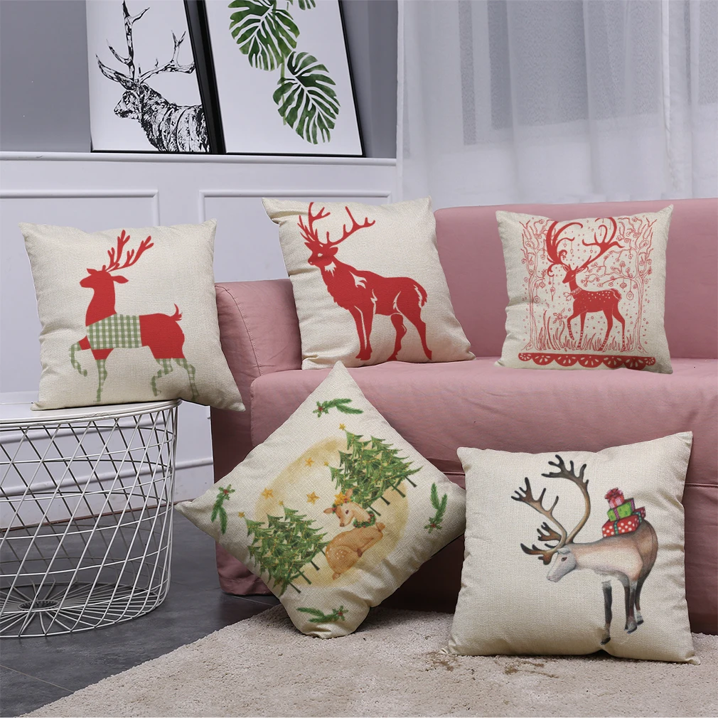 

Merry Christmas Decorative Throw Pillow Cushion Cover Case Snow Christmas Deer Lumbar Pillow Case For Sofa Car Store Decoration