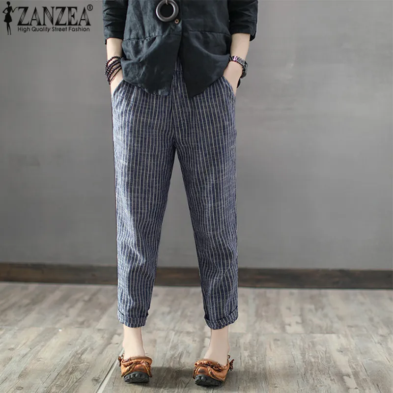Брюки ZANZEA женские с высокой эластичной талией Длинные свободные штаны-султанки в