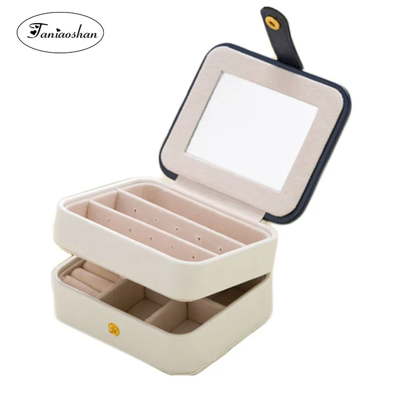 

Portable small jewelry box Three layers PU Leather earrings storage casket Cute double layer gift box for woman