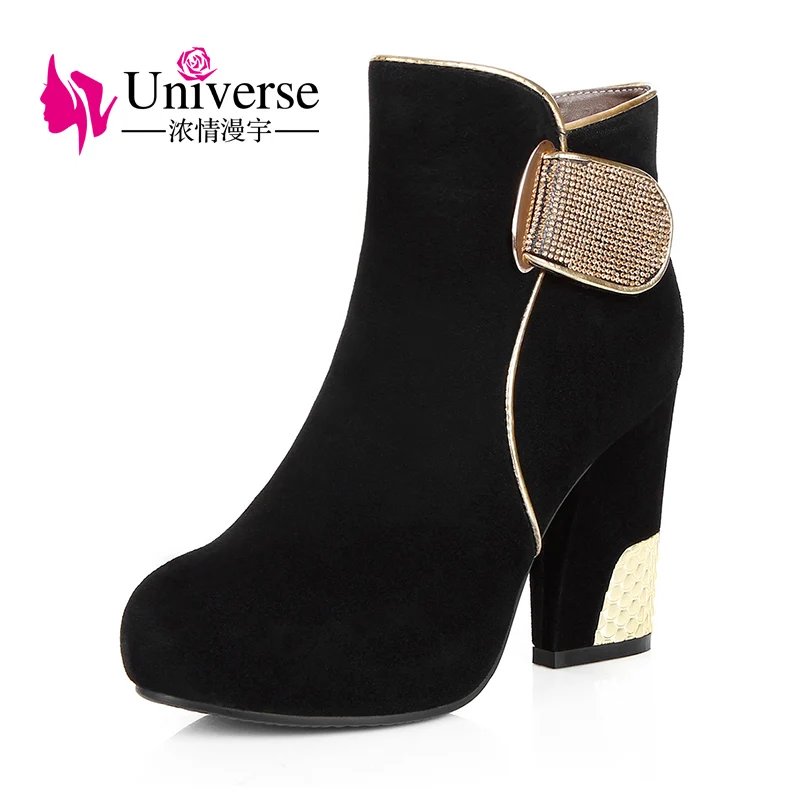 

Universe Plus Size 4.5-8.5 platform ankle boots short plush warm cow suede luxury black high heels winter boots women shoes E328