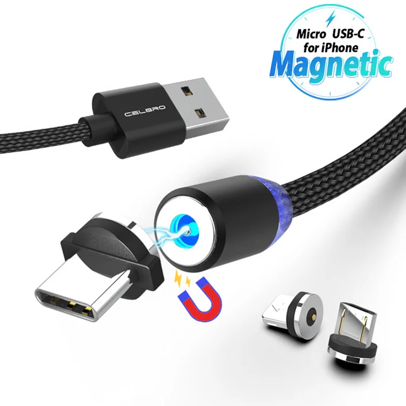 Магнитный кабель со светодиодной подсветкой Micro USB Type C телефонный для Samsung Huawei Xiaomi