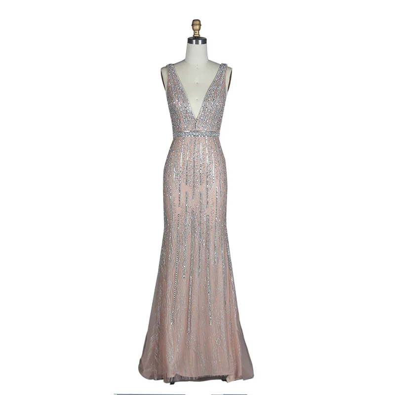 nude Vestido De Festa2019 новое вечернее платье, милое Розовое Кружевное длинное вечернее платье с v-образным вырезом, вечерние платья невесты, сексуальные платья с открытой спиной и жемчугом для танцев - Цвет: nude