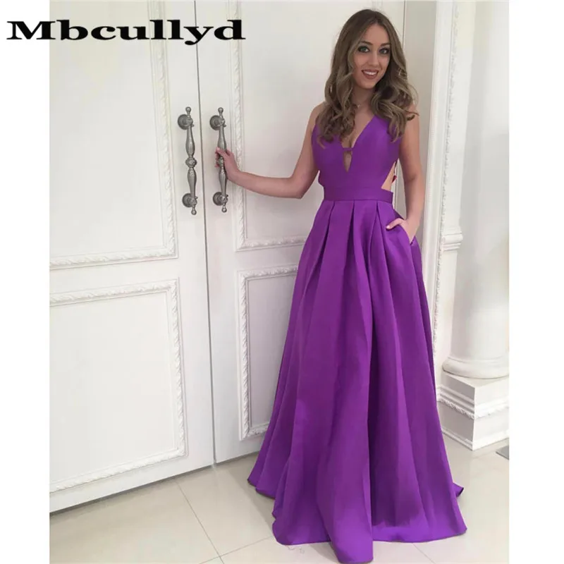 

Mbcullyd Red V-neck Evening Prom Dress 2023 With Pockets Long Satin Graduation Party Gowns A-Line vestidos de fiesta de noche