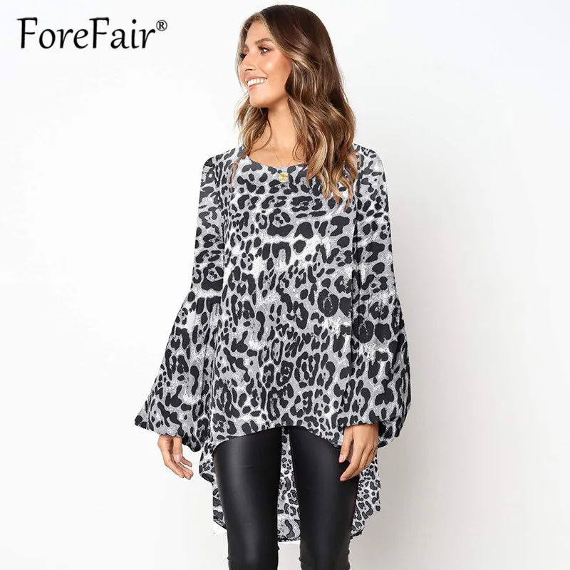 Forefair винтажные леопардовые блузки рубашки для женщин круглый вырез длинный