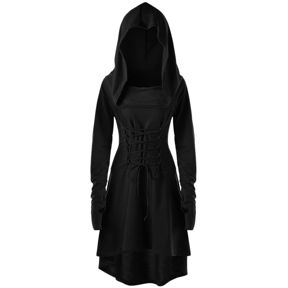 Wipalo Women Autumn Fashion Army Green Gothic Dresses Lace Up Hooded Irregular High Low Dress Bandage Back Vestidos Costume Robe|Женские