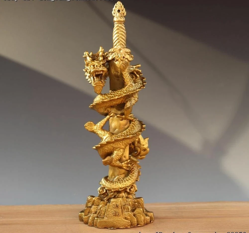 Чистая медь Китай медный фэншуй изгнание злых духов статуя меча дракона|Статуи и