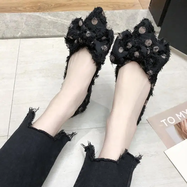 Cute Dot Black White Pink Suede Women Flats Pointed Toe Soft Massage Rubber Heels Shoes Chic Bowtie Slip On Zapatos Mujer | Обувь