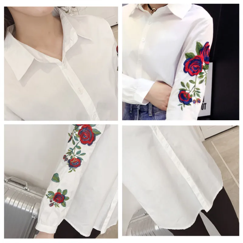 Женская блузка с длинным рукавом и вышивкой роз белая в полоску повседневный - Фото №1