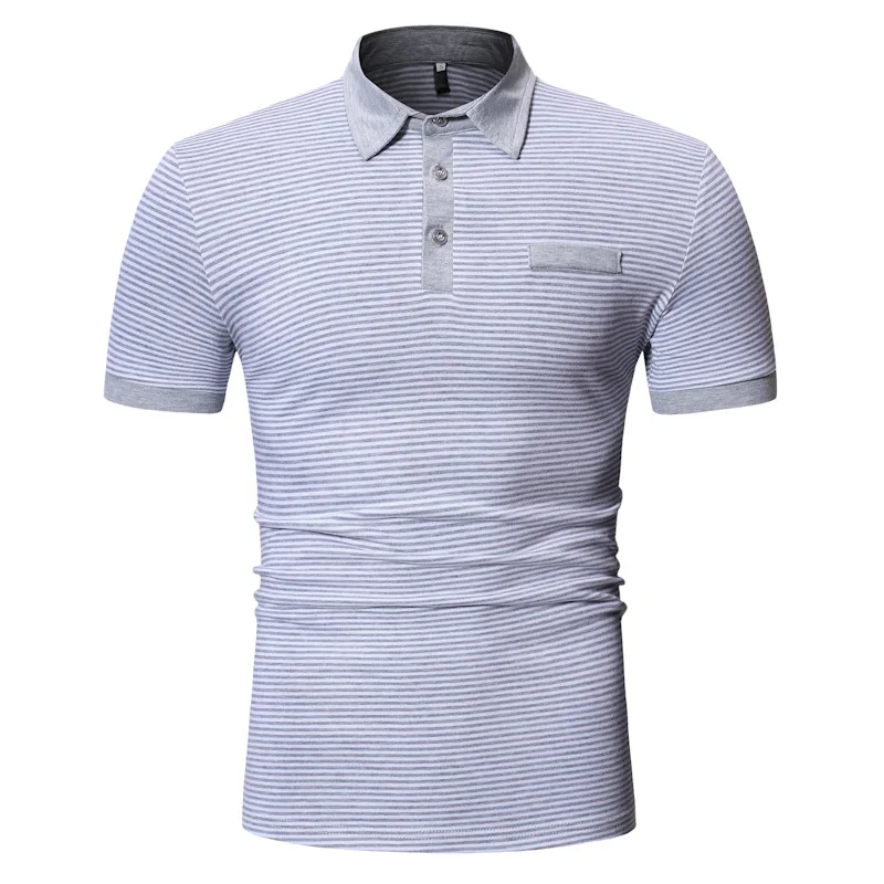 grey striped Мужская рубашка поло, мужская деловая рубашка поло, повседневные топы, короткий рукав, высокое качество, летняя брендовая одежда размера плюс M-XXL, в полоску - Цвет: grey striped