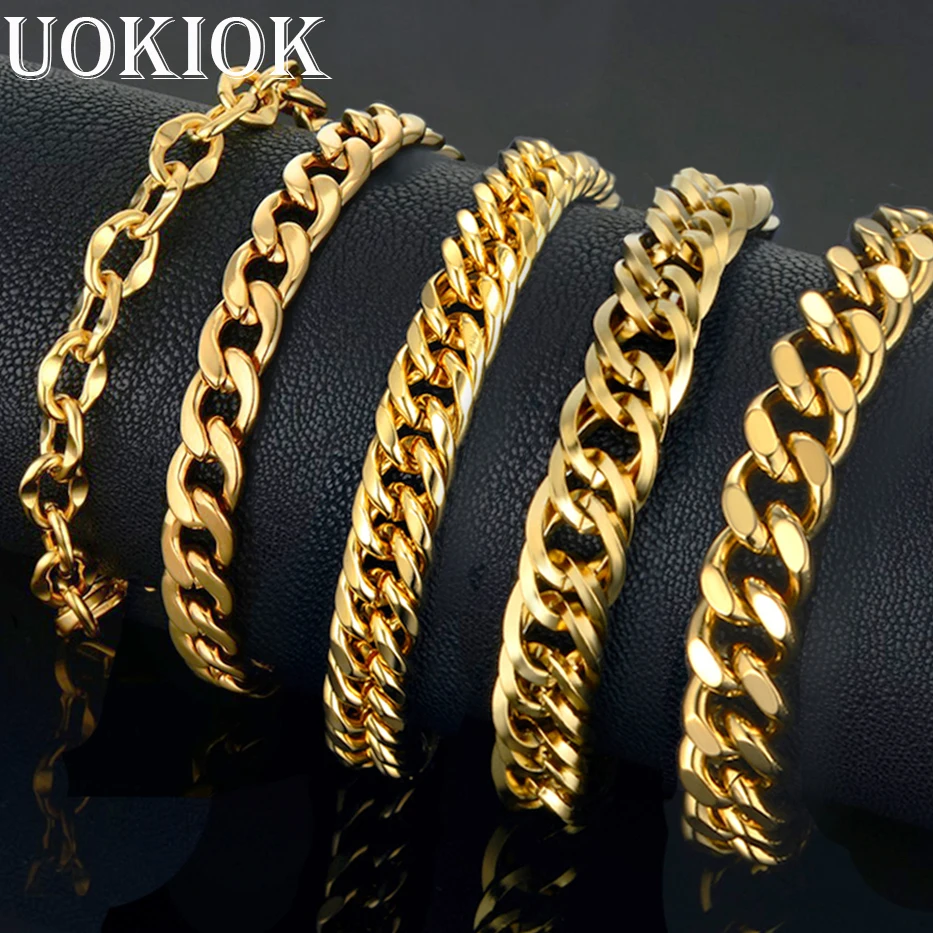 Men's Bracelet Curb Cuban Link Chain Bracelet homme For Men Gold Color Stainless Steel Hip Hop Bracelet Male Jewelry Braslet