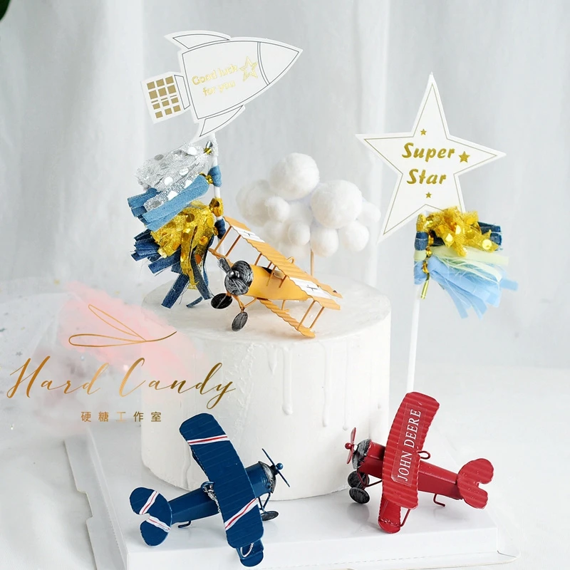 Красные синие желтые ретро украшения для торта в виде самолета дня рождения