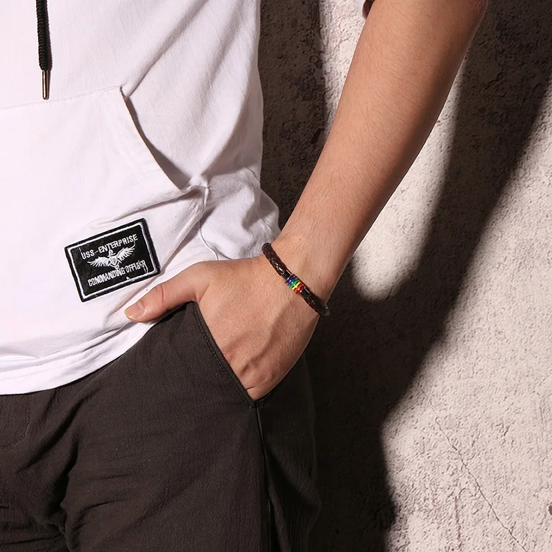 Радуга гей лесбиянки гордость Нержавеющая сталь Магнитный кожаный браслет с