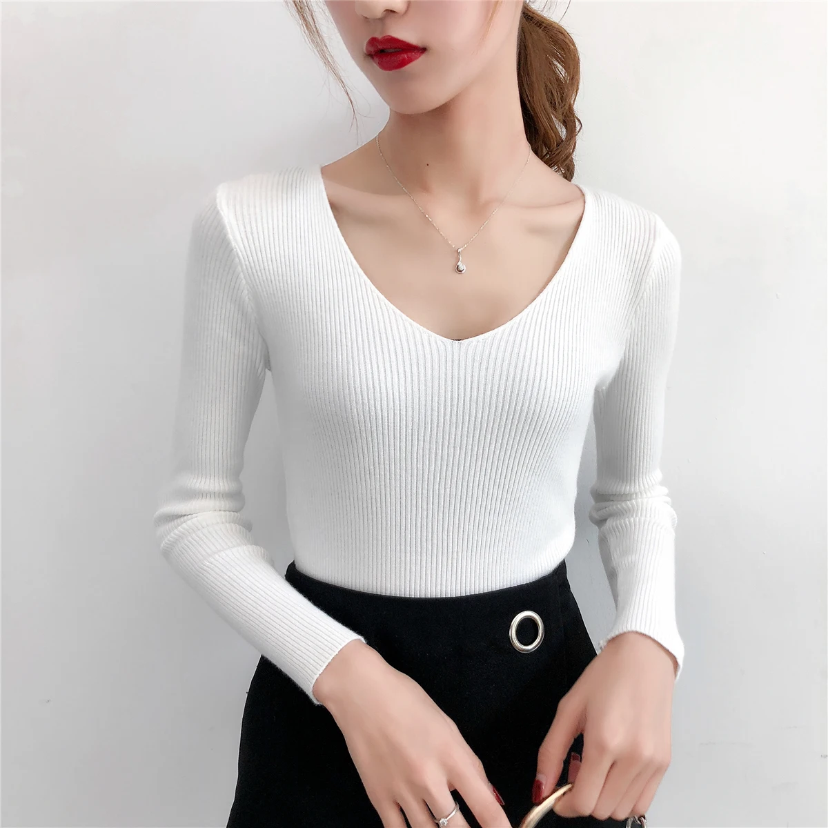 gkfnmt 2020 V-Neck Sweater Women Long Sleeve Knitted Solid Slim Autumn Winter Warm Pullovers Black Red Pink | Женская одежда