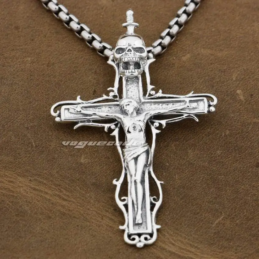 LINSION серебряная подвеска Иисус Распятие Крест Меч череп Мужчины Байкер рок панк