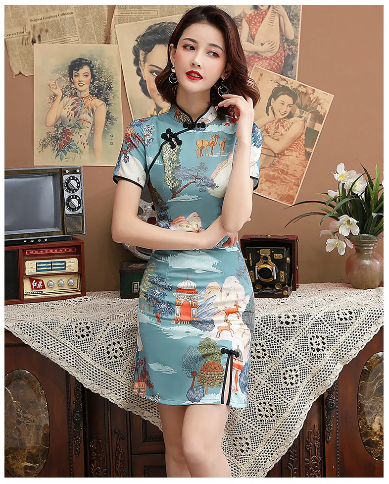 Sheng Coco Королевский синий Cheongsam платья короткий дизайн Лето Новинка Чонсам Qipao Китайский пасторальный стиль плотное платье XXL