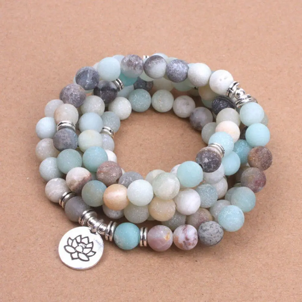 

Fashion Women`s bracelet Matte Frosted Amazonite beads with Lotus OM Buddha Charm Yoga Bracelet 108 mala necklace dropshipping