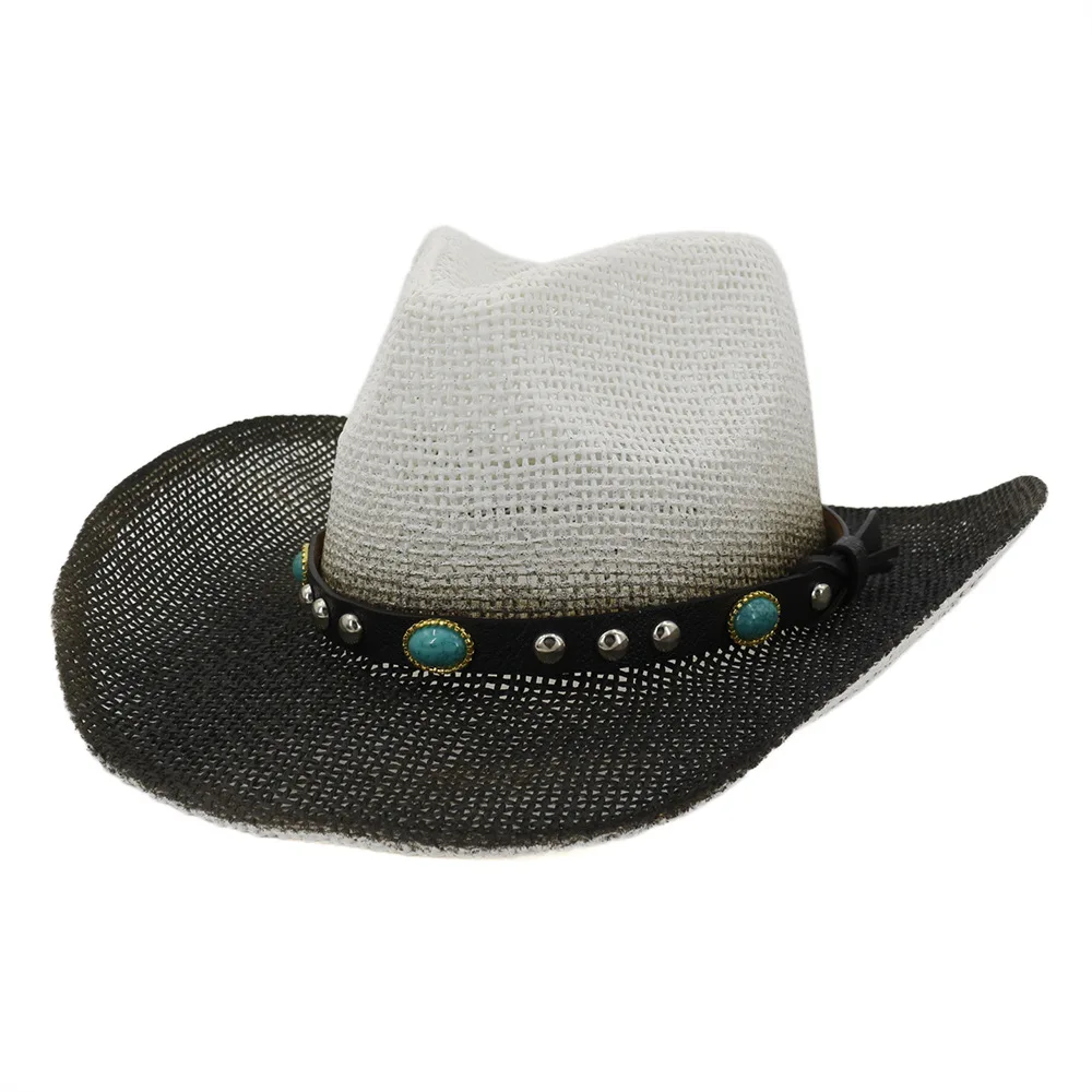 

QBHAT Summer Black Paint Spraying Men Women Paper Cowboy Hats Panama Straw Hat Wide Brim Sun Protection Hat Holiday Beach Cap