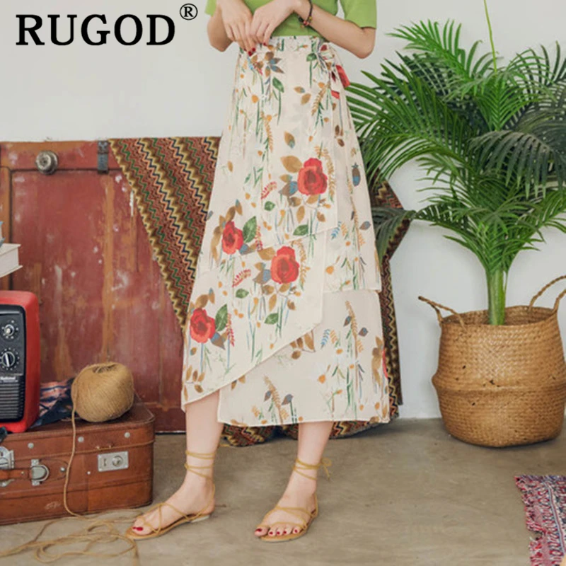 Женская длинная шифоновая юбка RUGOD элегантная на шнуровке с цветочным принтом
