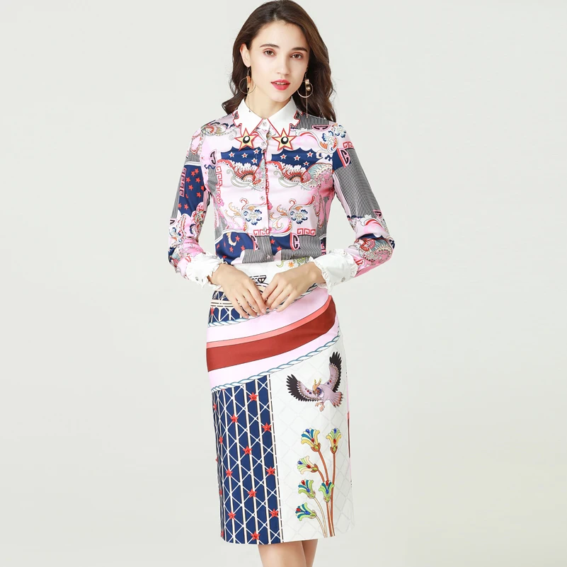 High quality new designer Fashion Two Pieces Set Women's Long Sleeve Embroidery Shirt and Printed Skirt Casual Shirt Sets Suits