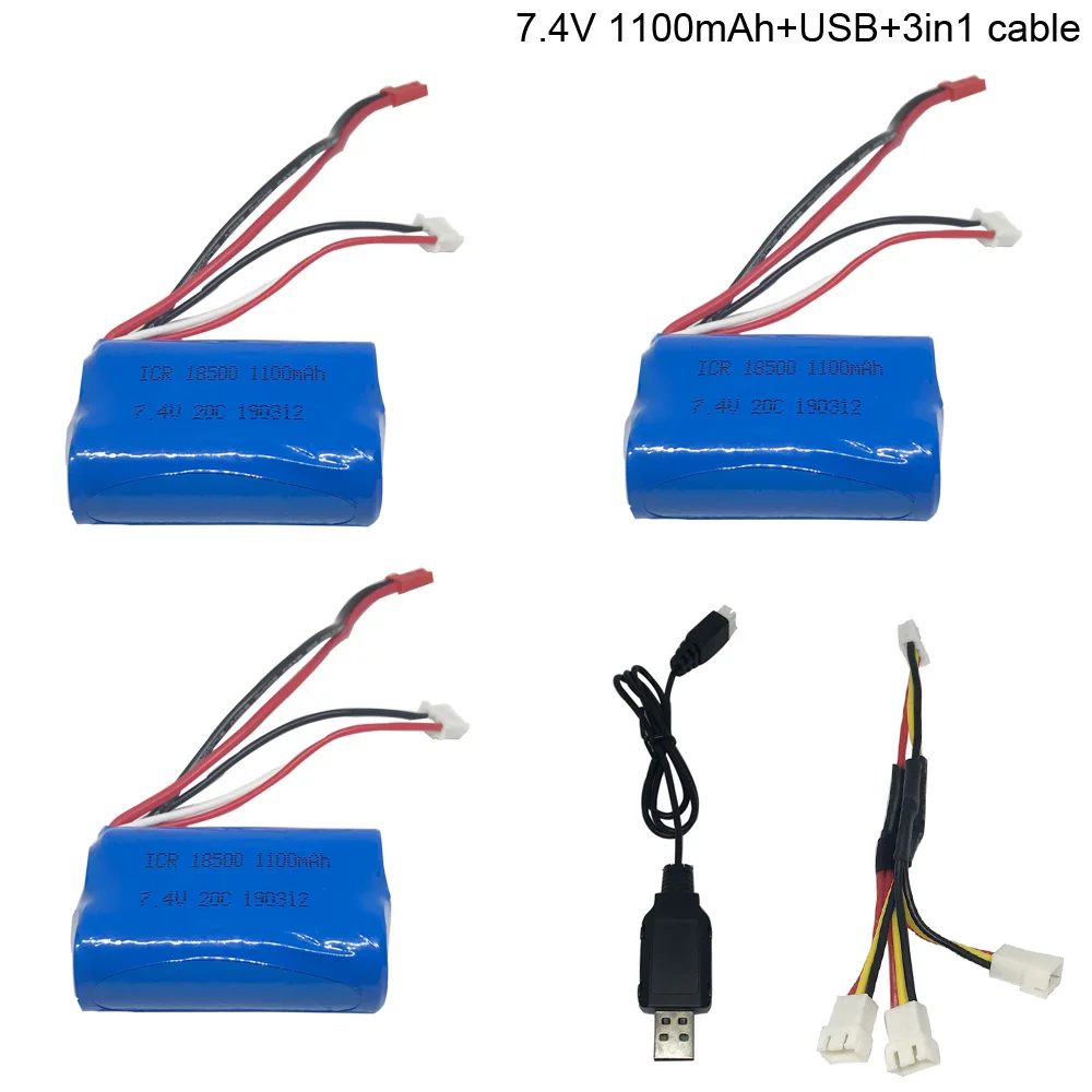 

7.4V 1100mAh Lipo Battery with USB charger 3in1 cable set For MJX T10 T11 T34 HQ 827 871 RC helicopter battery 18500 toy battery