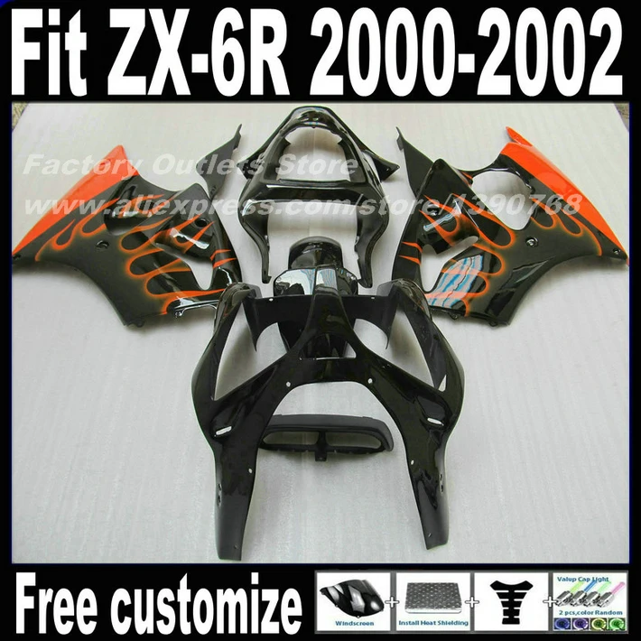 

Full fairing kit for Kawasaki ZX6R 00 01 02 Ninja 636 red flames in black Fairings set ZX-6R 2000 2001 2002 AF99