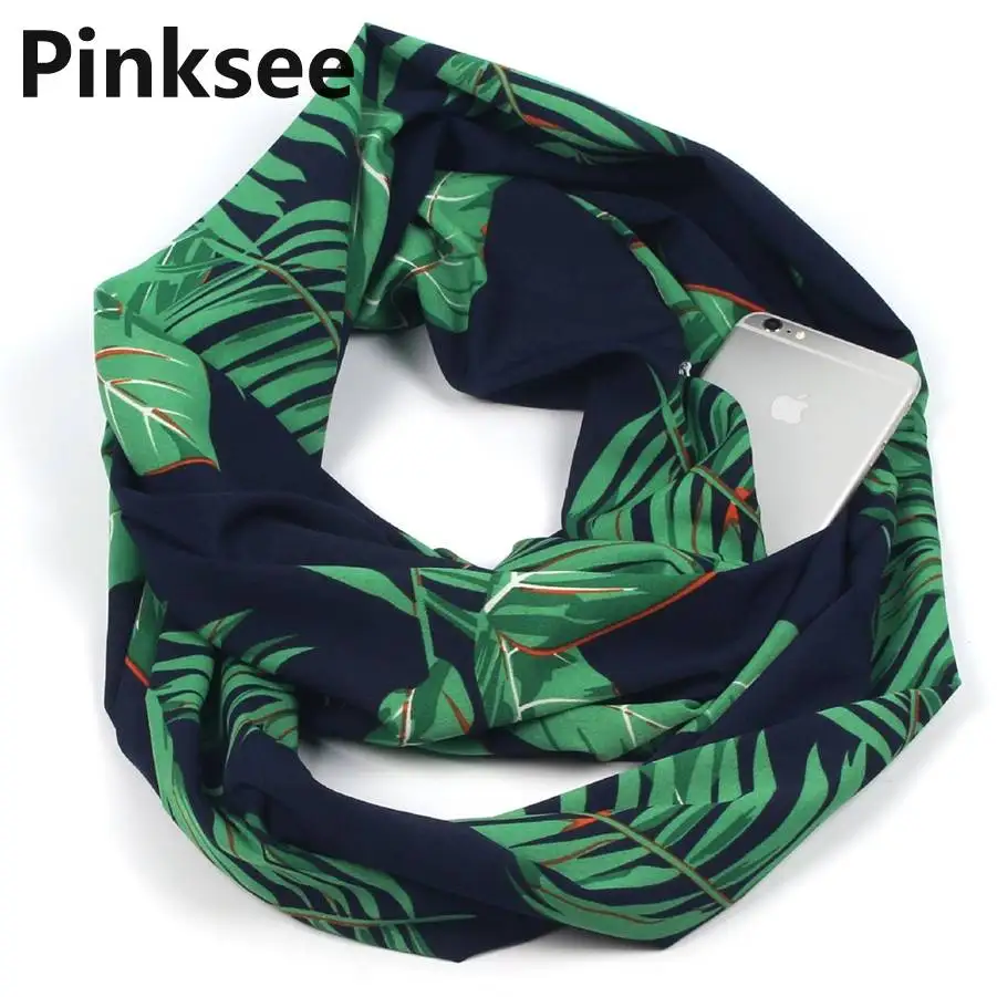 

Womens Double Layer scarves Secret Zipper Pocket Infinity Loop Scarf for Winter Autumn Leaf Flower shawls pashmina