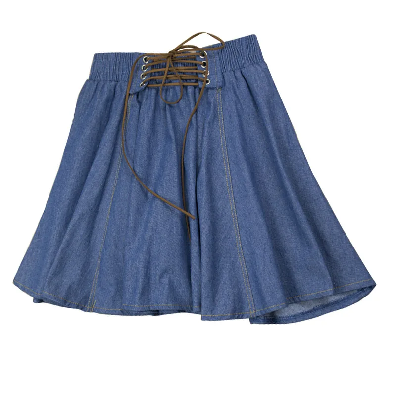 

Women Denim Skirt Solid Mini A-line Skirt Female Casual Lace-up Jean Skirt 2019 Summer Fashion Sashes Button Saias Femininas