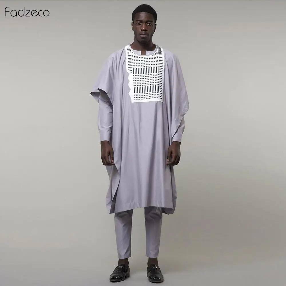 Fadzeco Agbada 2019 Мужская африканская 3 шт. размера плюс Dashiki белая вышивка приталенная