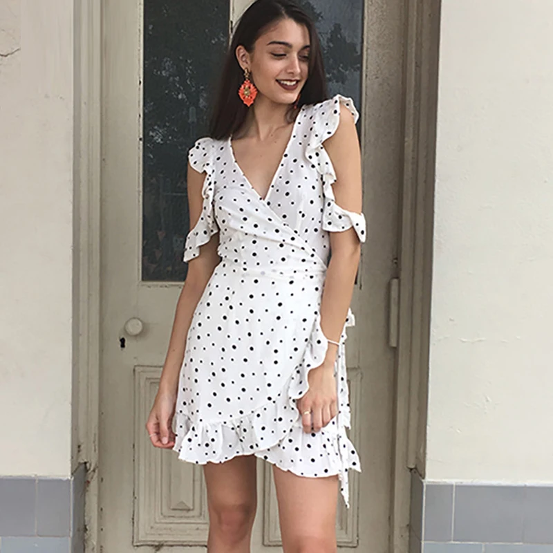 JuneLove new Ruffle cold shoulder mini dress women dot print female vintage bow wrap short chiffon white vestidos | Женская одежда