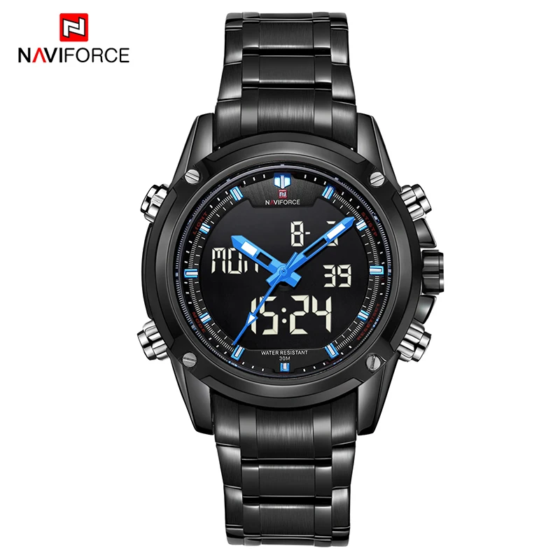 Black and blue Топ люксовый бренд NAVIFORCE мужские военные водонепроницаемые светодиодный спортивные кварцевые часы Мужские наручные часы relogio masculino - Цвет: Black and blue