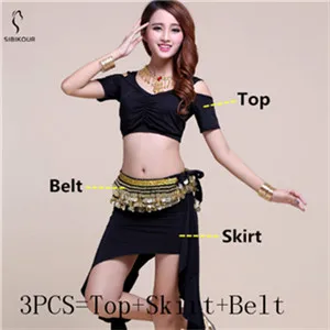 Black 3pcs Костюм для танца живота практическая одежда сценическая одежда для взрослых Восточный Болливуд индийский Топ Юбка Пояс тренировочная одежда 8 цветов - Цвет: Black 3pcs