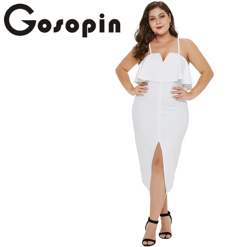 Gosopin Slit Plus Size Dress Ruffle Sexy Women Summer 2019 Elegant Party Ladies Fashion Spaghetti Strap Dresses LC610931 | Женская