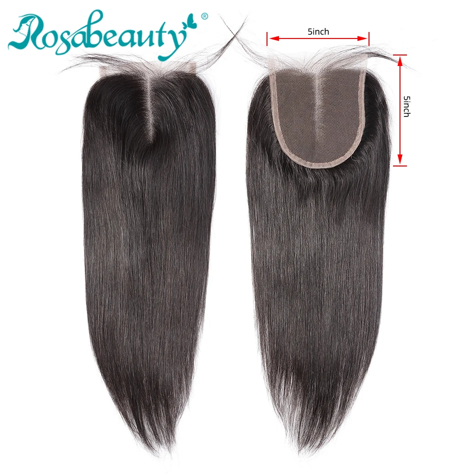 Rosabeauty перуанские девственные прямые кружева закрытие 5X5 человеческие волосы