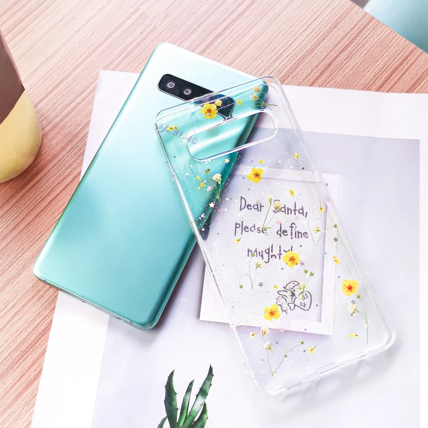 Прозрачные блестящие чехлы с высушенными цветами для samsung Galaxy S10 S9 Plus, прозрачные блестящие накладки на заднюю панель с настоящими цветами для Galaxy S9